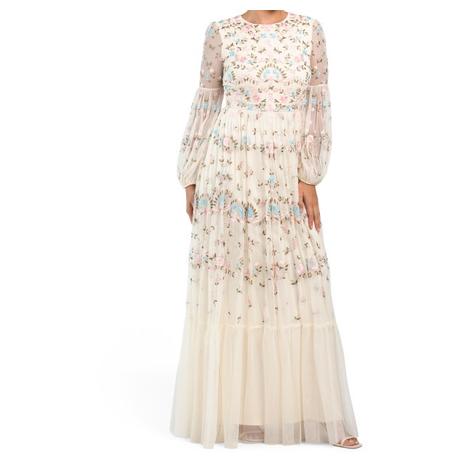 Mac Duggal Long Sleeve Floral Embroidered Gown