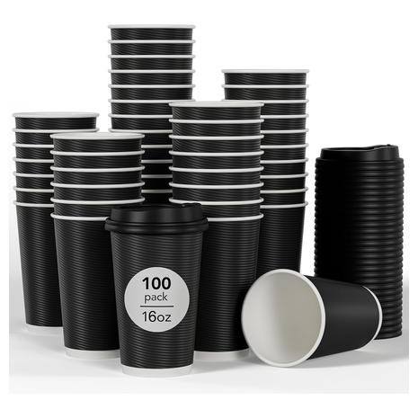 100 Pack 12 or 16oz Disposable Coffee Cups with Lids