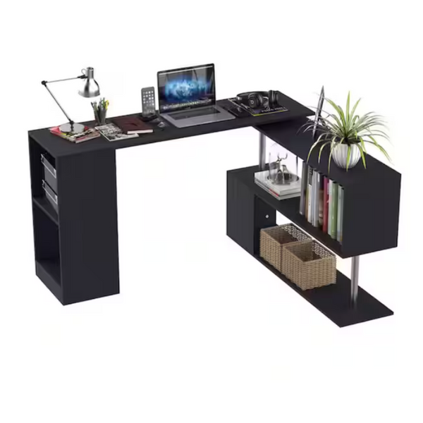 L-Shaped Black Writing Computer Desk with Display Shelves