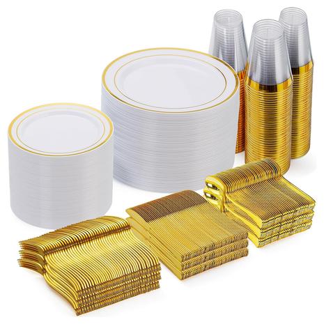 600-Piece Gold & White Disposable Dinnerware