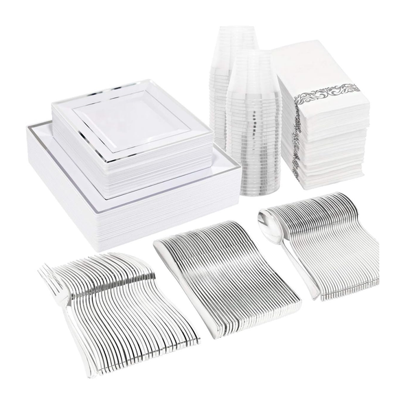 350-Pcs Silver Plastic Disposable Dinnerware