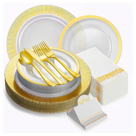 200 Pieces Gold Plate Disposable Heavy Duty Dinnerware Set