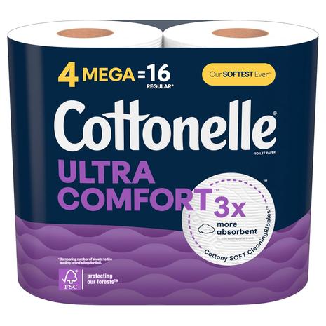 4-Mega Rolls Cottonelle Ultra Comfort Soft Toilet Paper (16 Regular Rolls)