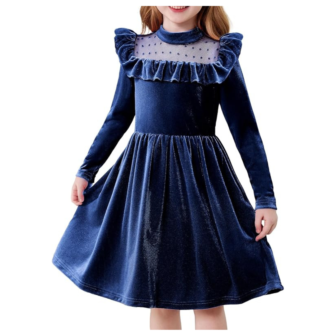 Toddler Girls Velvet Dress with Mesh Ruffle Trim ( 7 Colors)