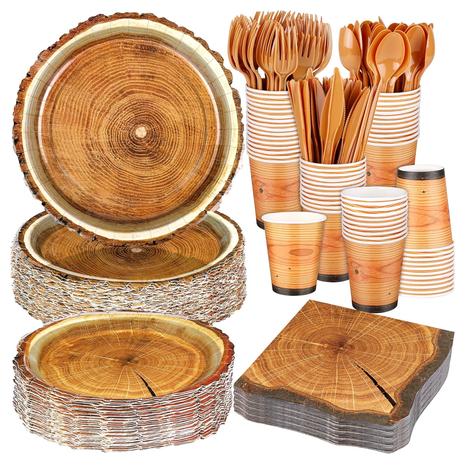 350-Piece Disposable Wood Grain Camping Dinnerware Set