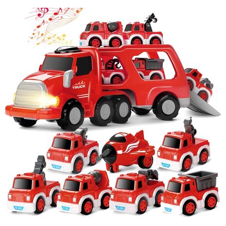 7 Fire Truck Pull-Back Toy Car & Carrier Truck