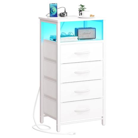 Bedside LED Nightstand w/ 4 Fabric Drawers & Charging Station