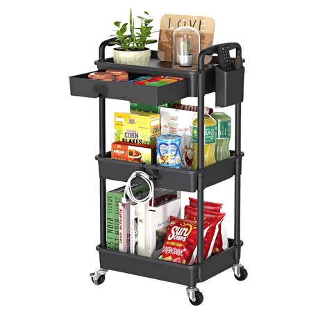 Rolling 3 Tier Utility Cart With Drawer