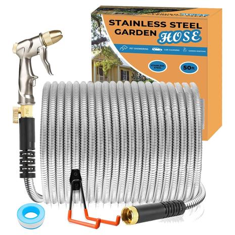 50FT Stainless Steel Garden Hose Set w/ Brass Nozzle