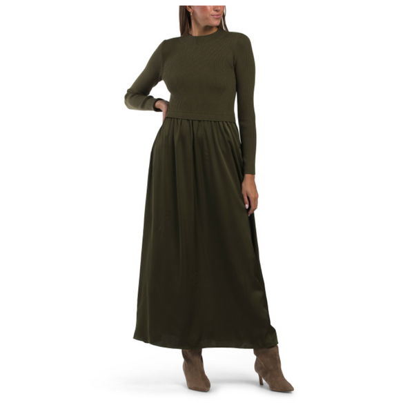 Long Sleeve Satin Skirt Sweater Maxi Dress