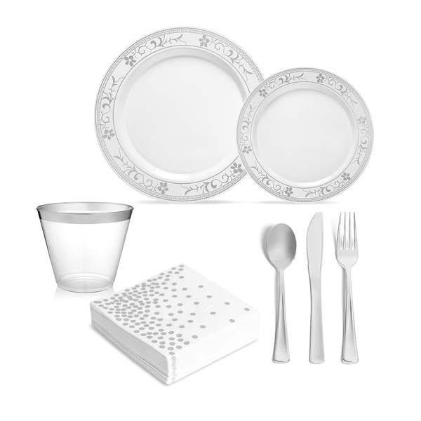 175 Piece Premium Silver Rim Flower Design Tableware Set with Cutlery and Drinkware