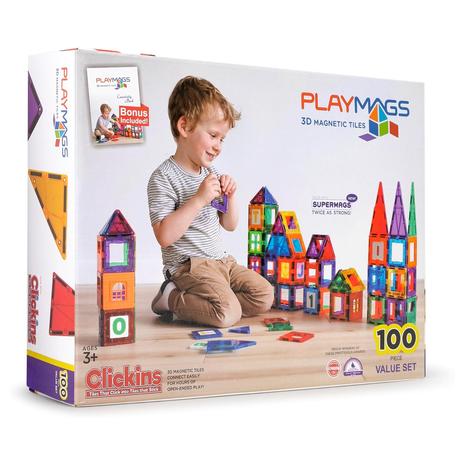 Playmags 100-Piece Magnetic Tiles Building Blocks Set