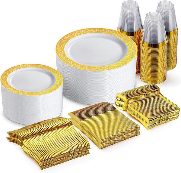 300 Piece Gold Plastic Dinnerware Set