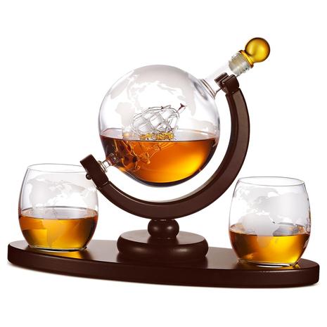 Whiskey Decanter Globe Set With 2 Etched Whiskey Glasses