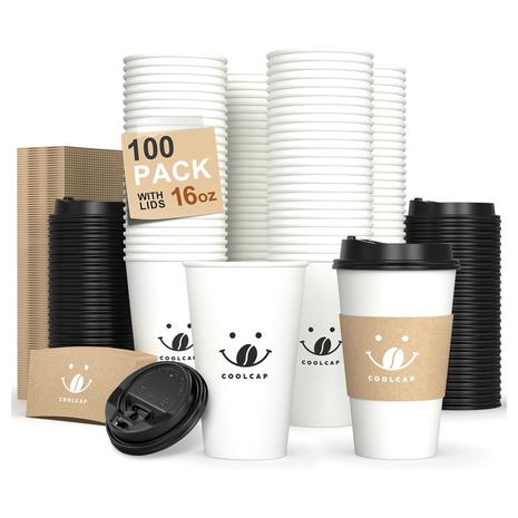 100 16 oz Disposable Coffee Cups With Lids & Sleeves