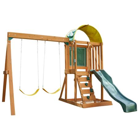 Wooden Outdoor Swing Set With Slide And Rock Wall