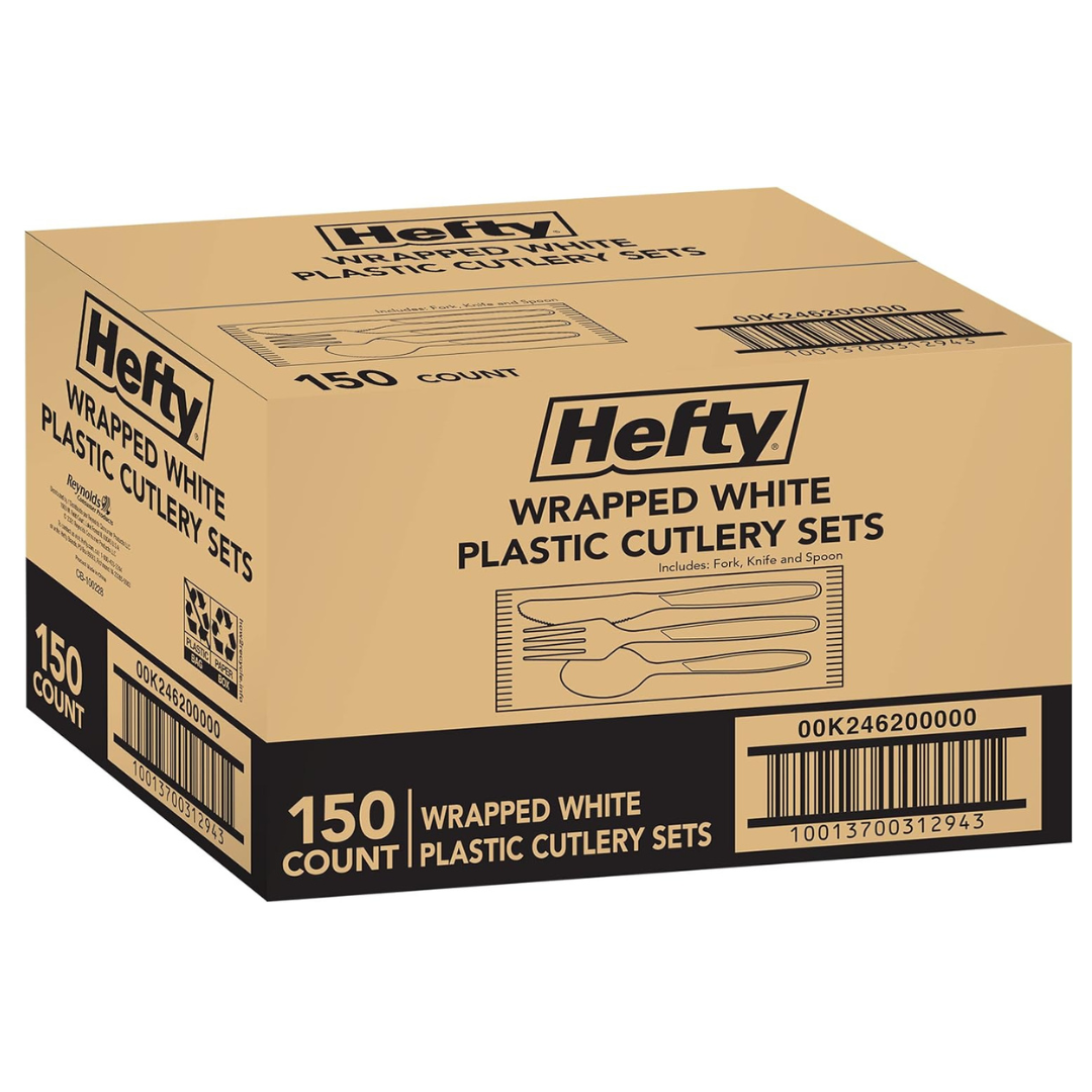 150 Hefty Individually Wrapped Plastic White Heavy-Duty Cutlery Sets