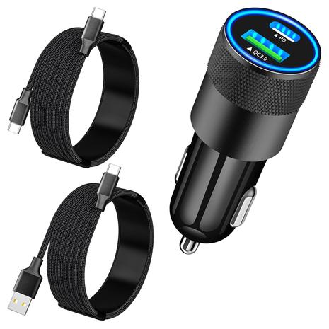 2-Port 66W Fast Charging USB-C Car Charger w/ 2 Braided Cables