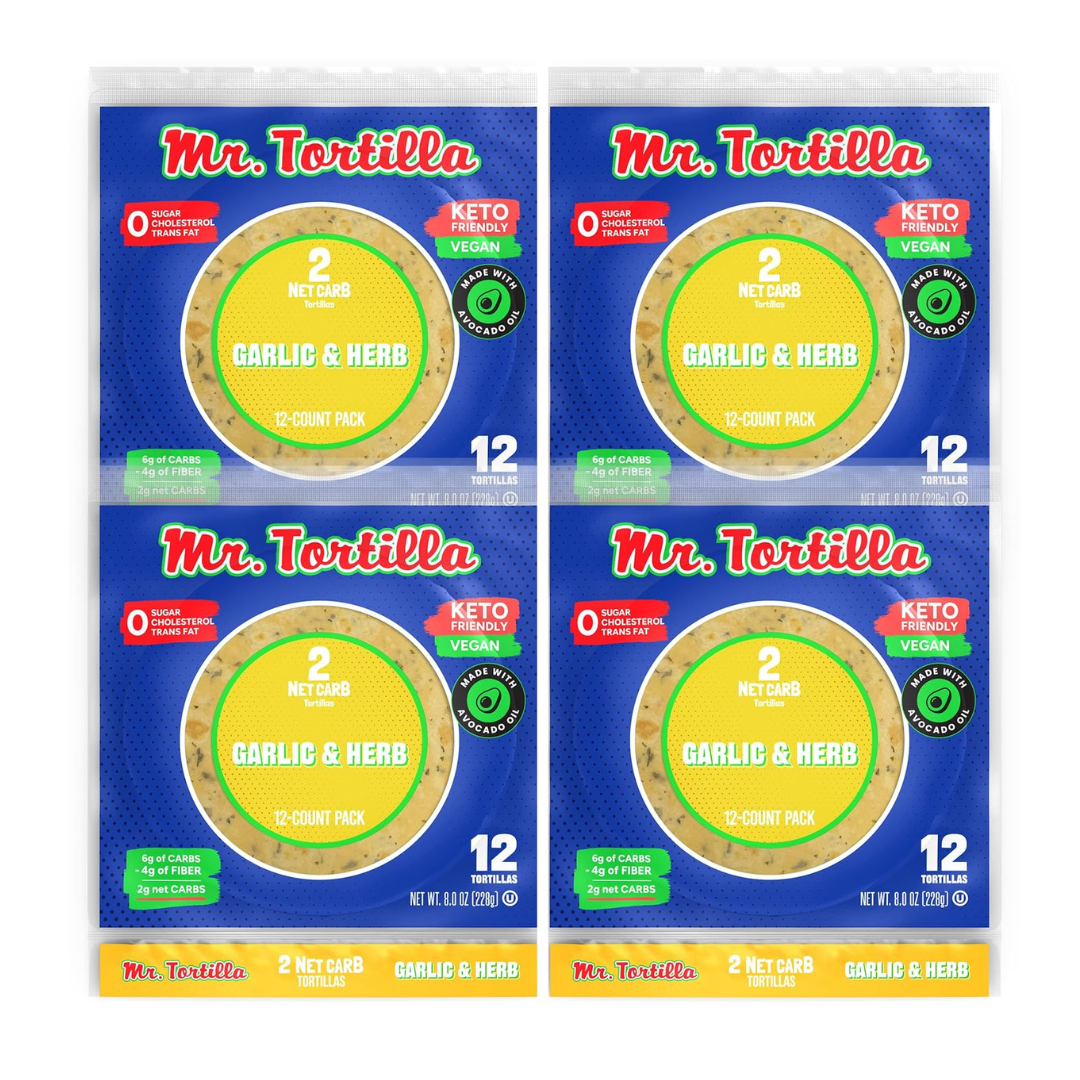 4 Packs Of Mr. Tortilla Low Carb Garlic & Herb Soft Taco Shells