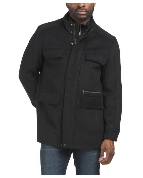 Cole Haan Wool Blend Double Bib Melton Field Coat