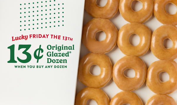 Krispy Kreme's Lucky Friday Deal: Get A Dozen Original Glazed Doughnuts For $0.13 With The Purchase Of Any Dozen Or 16-Count Minis