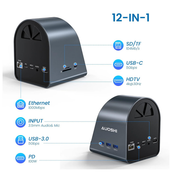 UOSHI 12-In-1 USB-C 100W PD 4k 30Hz Monitor Docking Station