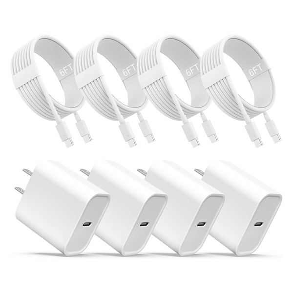 4-Pack USB-C Fast Wall Charger Adapter With 4-Pack 6ft USB-C Cable