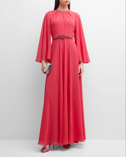 Rickie Freeman Jewell Embellished Cape-Sleeve Chiffon Gown