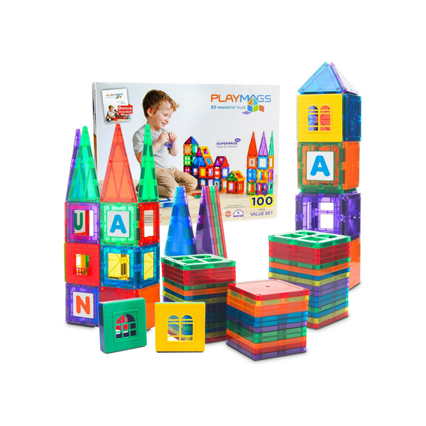 100-Piece Playmags 3D Magnetic Tiles Deluxe Building Set