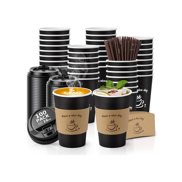 100 Pack 16 Oz Coffee Cups with Lids