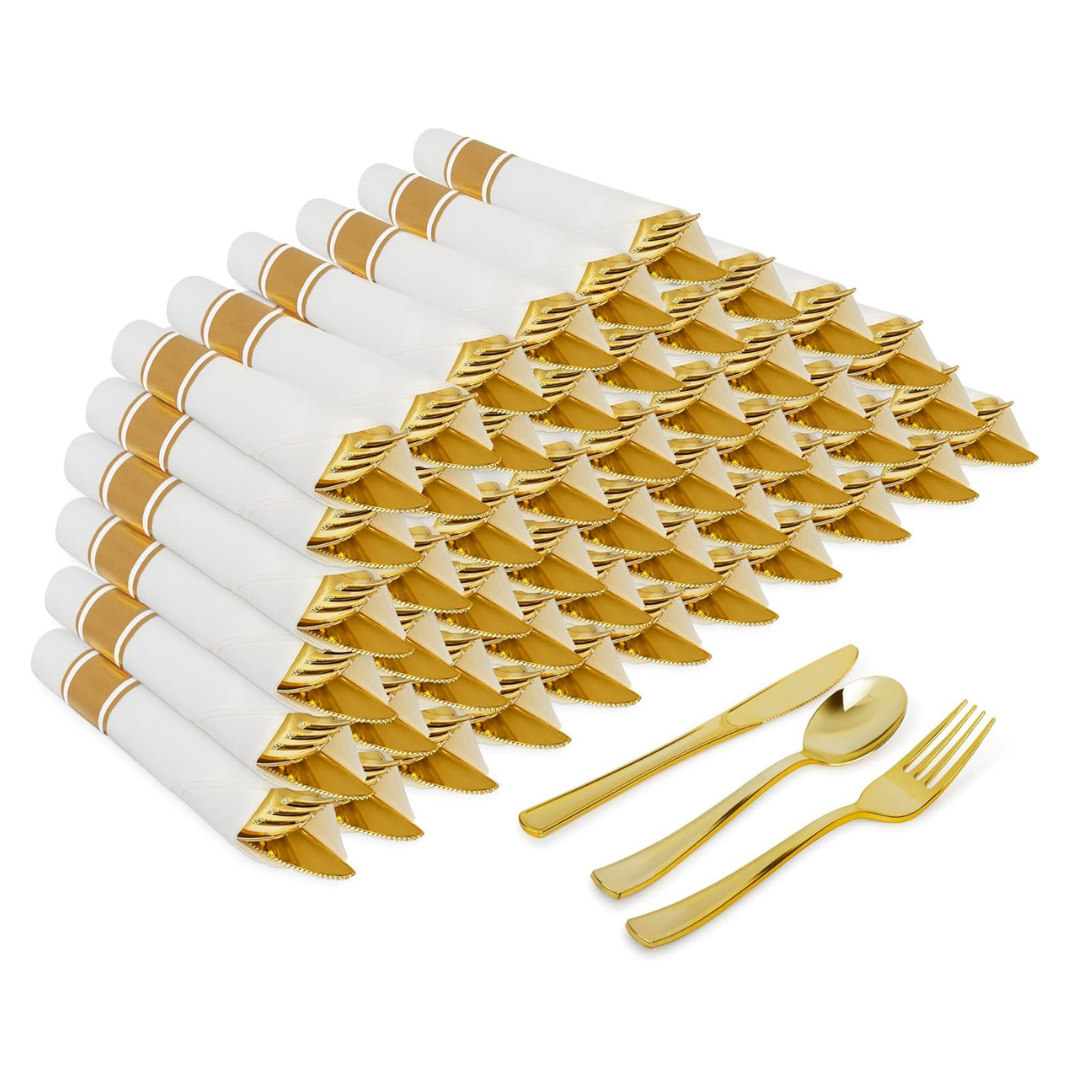 50 Gold Wrapped Plastic Cutlery Set with Napkins