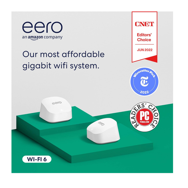 Paquete de 2 Eero 6+: rápido sistema Wi-Fi Gigabit Mesh para una cobertura de hasta 3000 pies cuadrados - Lanzamiento 2022