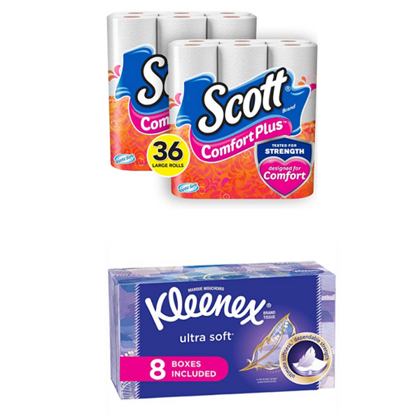 36 large rolls of Scott toilet paper and Kleenex tissues on sale