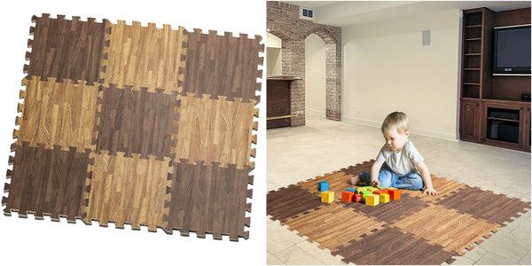 Set of 9 foam wood grain interlocking floor mats