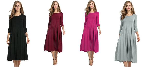 Women's 3/4 Sleeve A-line and Flare Midi Long Dress