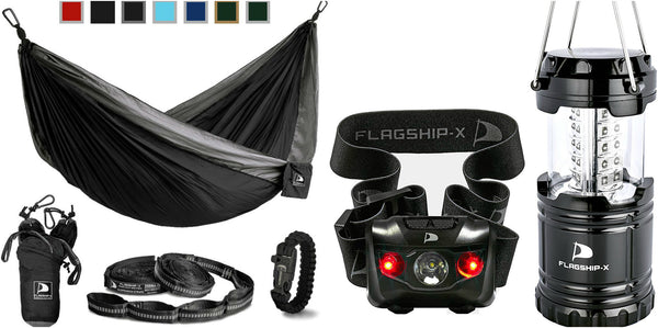 Buy a double hammock with survival bracelet & get a lantern and headlamp FREE