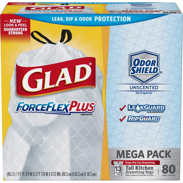 80-Ct 13-Gal Glad ForceFlexPlus Tall Kitchen Drawstring Trash Bags