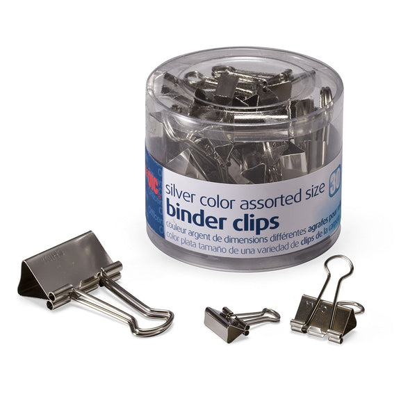 Officemate Silver Binder Clips, Assorted Sizes, 30/Tub