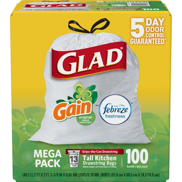 100 - 13 gallon Glad Tall Kitchen Drawstring Trash Bags