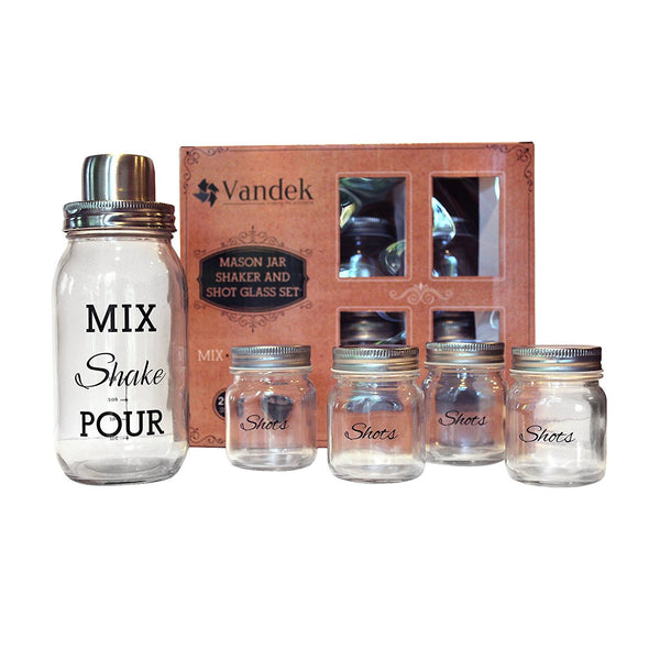 Mason Jar Cocktail Shaker Bottle with 4 Shot Glasses Set