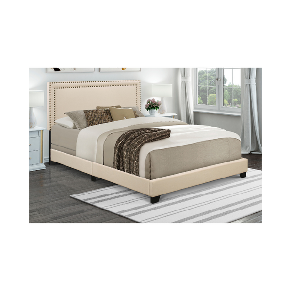 Home Meridian Cream Upholstered Queen Bed with Nail Head Trim