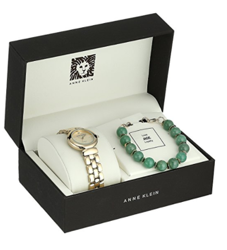 Anne Klein Diamond-Accented Gold-Tone Watch and Jade Beaded Bracelet Set