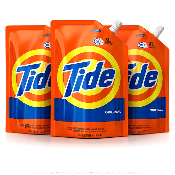 Paquete de 3 bolsas de detergente líquido para ropa Tide HE de 48 oz