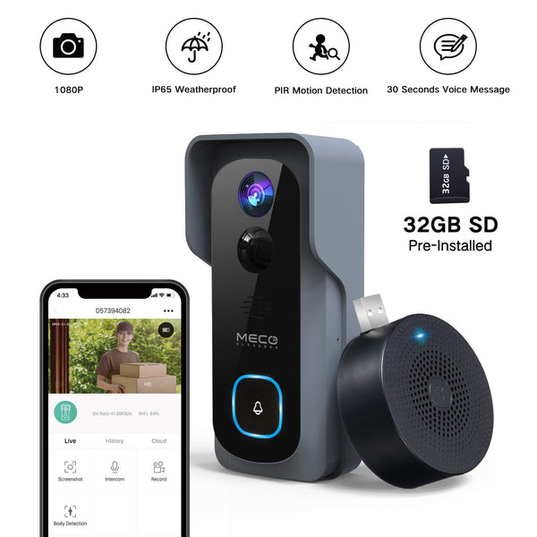 1080P WiFi Video Doorbell With Free Chime