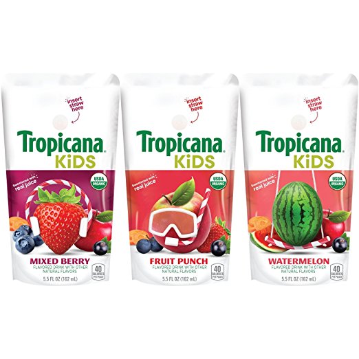 Tropicana Kids Bolsas de bebidas de jugo orgánico, paquete variado, 5.5 onzas, 32 unidades