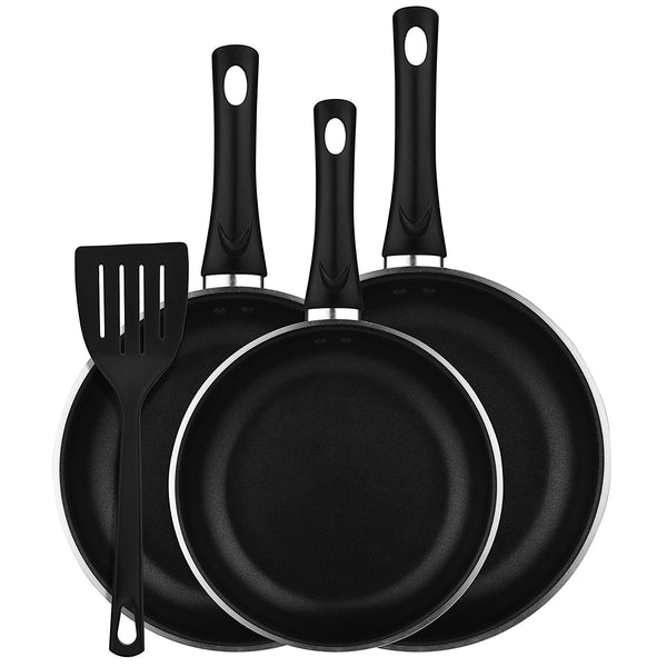 Set of 3 frying pans with 1 spatula