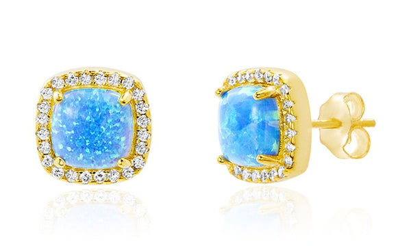 Blue Opal Square Studs in 14K Gold Earrings