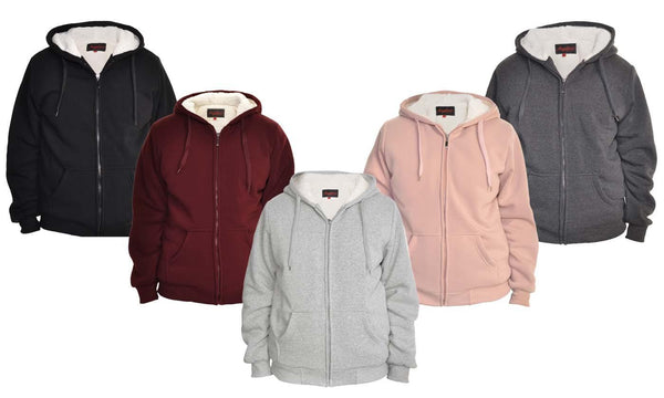 Sudadera con capucha y cremallera completa para mujer con forro de sherpa. Tallas grandes disponibles.