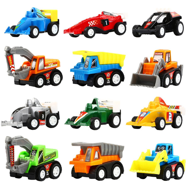 12 Pack Assorted Construction Vehicles and Raced Car Toy