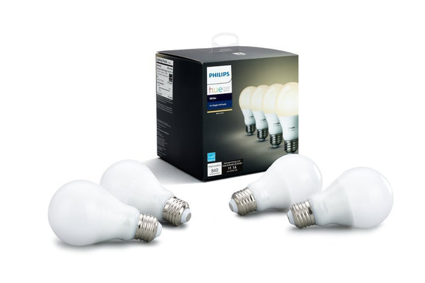 Philips Hue White A19 Paquete de 4 bombillas LED inteligentes regulables equivalentes a 60 W